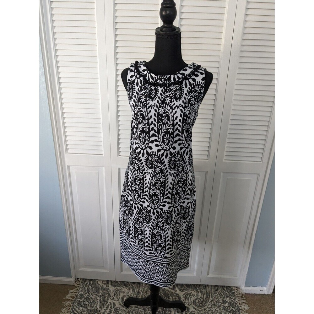 Talbots Dress Women's Sz M Sleeveless White Black Paisley Pompom Stretch Coastal